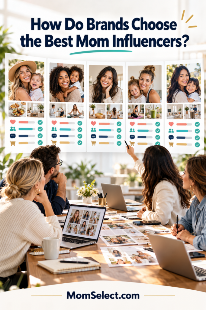 Pinterest graphic showing a marketing team comparing diverse mom influencer profiles, titled “How Do Brands Choose the Best Mom Influencers?” with MomSelect.com at the bottom.