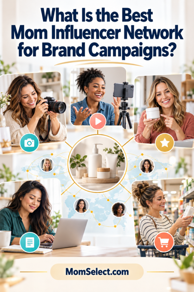 Pinterest graphic showing a diverse network of MomSelect creators producing photography, video, blog, review and retail content for brand campaigns.